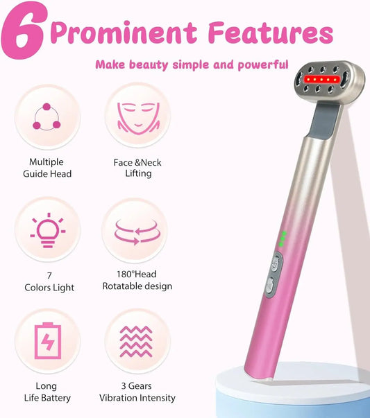 Red Light Therapy Wand for Face and Neck,7 Colors LED 3 Strength Vibration Face Lift Device for Eyes Wrinkles Skin Care Massage Tools - Pink Gradient - Vincent